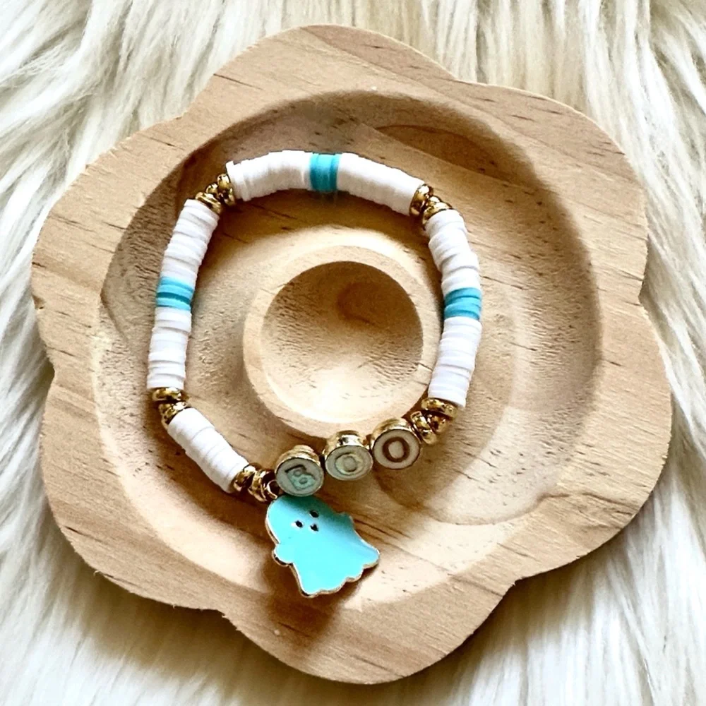 Handmade Ghost Charm with White and Blue Clay Beads Bracelet